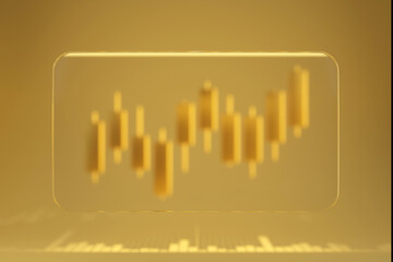 3D rendering gold candlestick chart displayed on a transparent digital screen over a yellow background symbolizing financial growth and trading analysis.