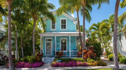 Fototapeta premium Charming Blue Coastal House Surrounded by Lush Tropical Plants and Colorful Flowers Under Clear Blue Skies in a Serene Residential Neighborhood