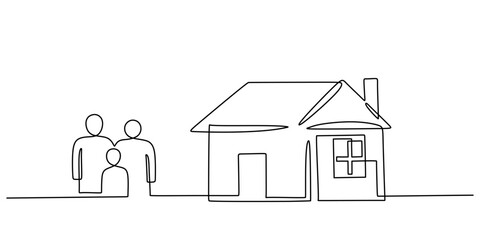 One Line Sketch of a House with a Family in Front