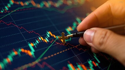 Hand pointing at financial stock market chart with pen, analyzing data and trends.
