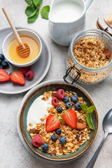 Healthy breakfast bowl with granola, yogurt, and berries