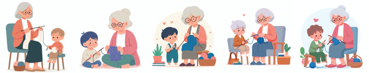 vector grandmother knitting with grandchildren