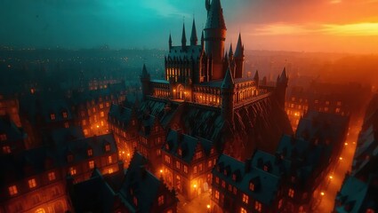 Magical Castle at Dusk with Glowing Windows and City Lights.
