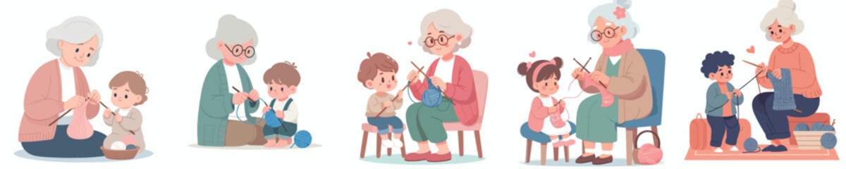 Obraz premium vector grandmother knitting with grandchildren
