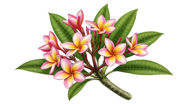 Illustration of Pink Frangipani Plumeria Flowers and Leaves with Transparent Background