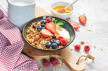 Healthy breakfast granola bowl with fresh berries