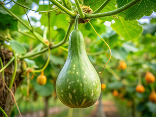 Close-up macro photo of hanging bottle gourd on vine, natural leaves background