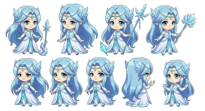 Adorable ice queen chibi characters with magical staffs and sparkling details, perfect for fantasy games and enchanting storybooks, evoking wonder and beauty