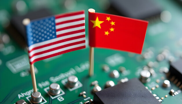 US and China flags on a circuit board, symbolizing tech competition. - Powered by Adobe