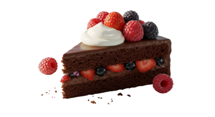 Chocolate Cake Slice With Berries Isolated Background Realistic Photo