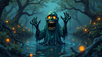 A cartoon ghost skeleton with glowing eyes rises from a spooky swamp surrounded by soft lights and mist.