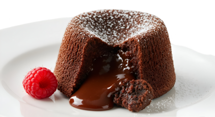 Chocolate Lava Cake with Raspberry on White Plate Isolated