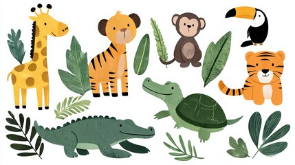 Adorable jungle animal cartoon collection. Includes a giraffe, monkey, tiger, crocodile, toucan, turtle, and lush tropical leaves in a flat vector style