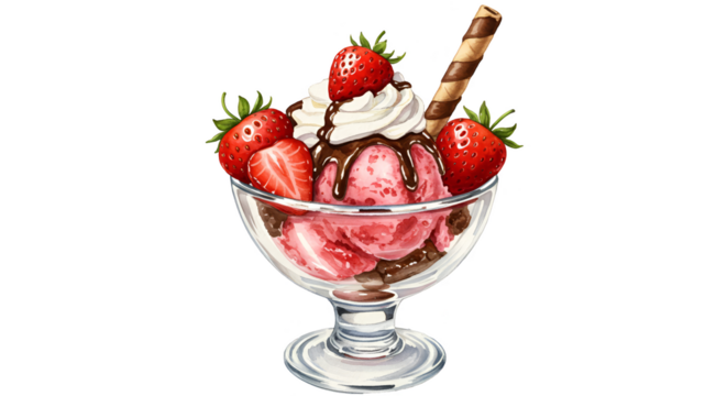 Illustration of strawberry sundae with whipped cream and chocolate drizzle - Powered by Adobe
