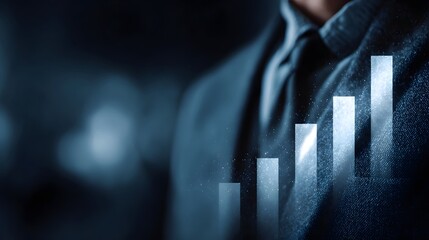 Abstract representation of financial growth and business success visualized through a glowing bar chart overlaid on a suit
