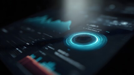 Futuristic digital interface with glowing blue circular data visualization and analytical graphs
