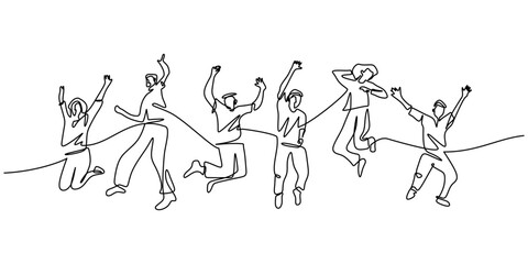 Continuous Hand Drawn Sketch of People Jumping with Joy
