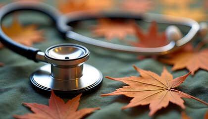 Stethoscope with autumn leaves on a green surface