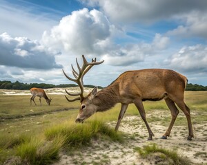 Two majestic Fallow deer stags with large antlers and beautiful spotted coats are peacefully grazing in a sunny field.