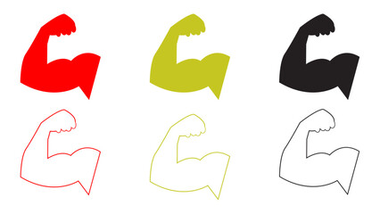  A vector set of flexed bicep arm icons, symbolizing strength and fitness. Includes solid and outline versions in red, green, and black.