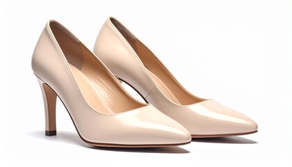 Naklejka premium A pair of beige high-heeled shoes with a glossy finish, closed toes, and medium block heels. Positioned side by side on a white background, they reflect elegance, simplicity, and timeless fashion.