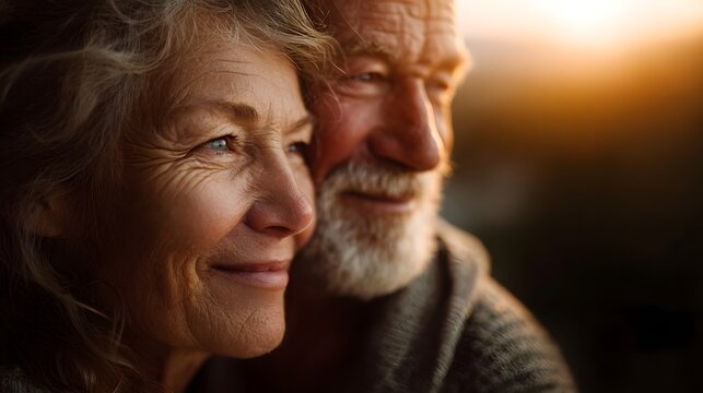 A loving elderly couple embraces the warm glow of a sunset sharing a moment of peace and reflection