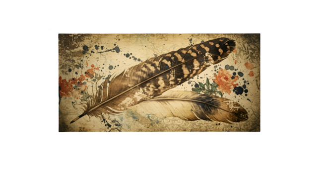 Illustration of two detailed bird feathers on textured floral background