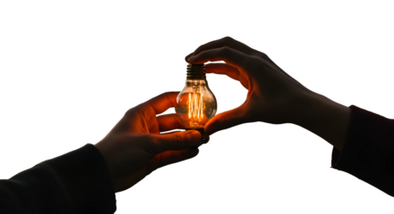 Illustration of two hands holding glowing light bulb with transparent background