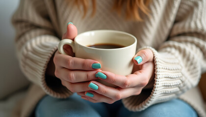 Woman holding a warm cup of coffee on a cozy day