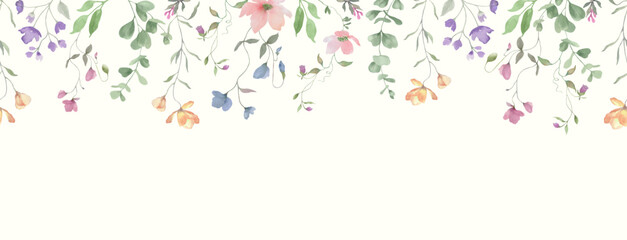 Seamless watercolor floral border with wildflowers, eucalypt leaves. Hand-painted botanical illustration, perfect for invitations, greeting cards, wedding designs. Vector EPS.