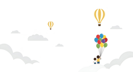 Illustration of two people holding balloons with hot air balloons flying