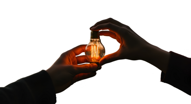 Illustration of two hands holding glowing light bulb with transparent background