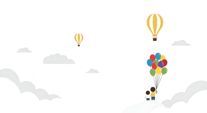 Illustration of two people holding balloons with hot air balloons flying