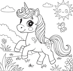 Fototapeta premium Happy Unicorn in a Sunny Meadow with Flowers and Butterfly vector Unicorn Coloring Book Unicorn Coloring page Coloring page Coloring book for kids