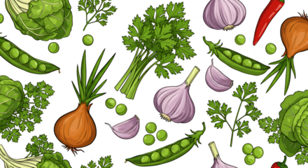Illustration of Vegetables and Herbs Scattered on Black Background