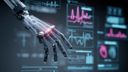 AI integrated biotech healthcare, A futuristic robotic hand is displayed with digital health data, advancements in technology and healthcare integration