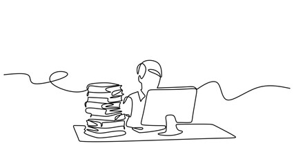 One Line Drawing of a Student Studying at a Computer Desk