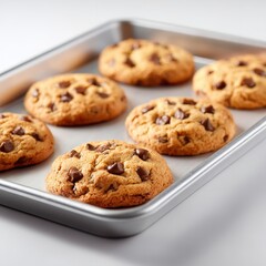 Freshly baked chocolate chip cookies on baking sheet homemade dessert sweet treat delicious snack bakery goods