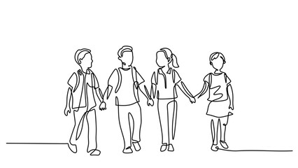 Continuous One Line Drawing Students Walking with Friends. School Friendship Concept.