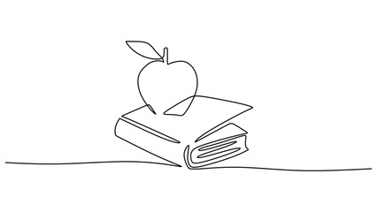 Minimalist One Line Drawing Apple on a Book. Learning and Education Concept Concept.