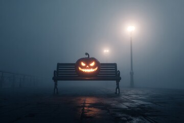 Foggy shadows: the enigmatic halloween pumpkin under a midnight sky. Poster design. Glowing halloween pumpkin amidst coastal shadows of night. Hero poster. Fantasy poster.