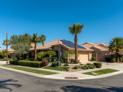 Luxury tropical resort hotel villa architecture with palm trees under a blue sky in Spain