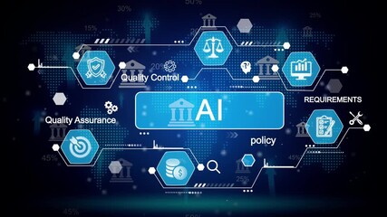 Artificial Intelligence A I concept with quality control assurance policy requirements and financial data analysis on digital world map background with glowing elements and futuristic interface - Powered by Adobe