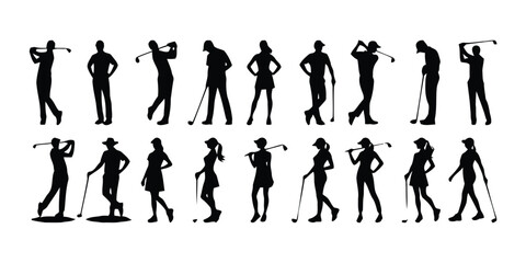 golf, golfer, silhouette, sport, male, female, woman, man, person, player, swing, club, stance, action, game, hobby, recreation, activity, athletic, outdoor, white background, isolated, set, collectio