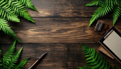 Ferns frame wood desk; paper, pen, and clips