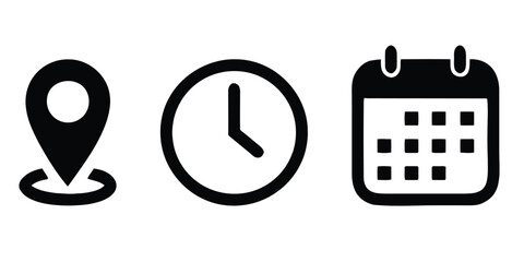location pin, map marker, clock, time, calendar, date, icon, symbol, solid, fill, black, white, graphic, design, element, interface, ui, ux, web, app, navigation, schedule, planning, organization, ess