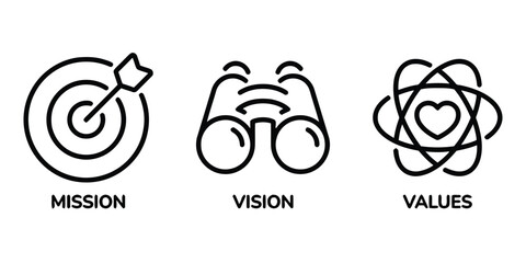 mission, vision, values, target, arrow, dart, binoculars, eyes, heart, atom, orbit, science, business, strategy, goals, purpose, direction, focus, future, core, principles, concept, idea, symbol, icon