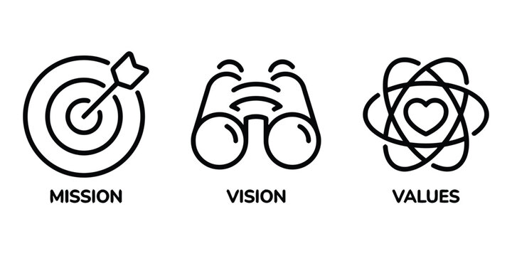 mission, vision, values, target, arrow, dart, binoculars, eyes, heart, atom, orbit, science, business, strategy, goals, purpose, direction, focus, future, core, principles, concept, idea, symbol, icon