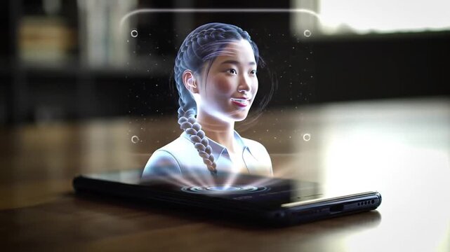 Smartphone displays holographic projection of a young woman with braided hair