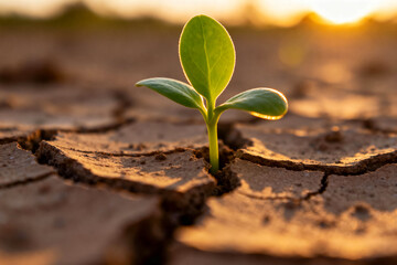 A tiny, resilient green sprout with dewdrops emerges from severely cracked, dry earth in a desert-like landscape, bathed in the warm, golden light of a sunrise or sunset, symbolizing hope and tenacity
